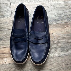 Cole Haan Navy Leather Penny Loafers with White Soles